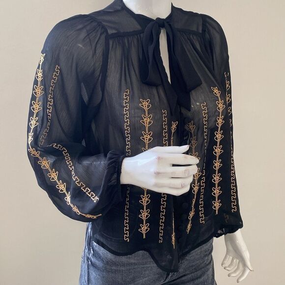Band of Gypsies Black Sheer Gold Embroidered Tie Neck Long Slv Peasant Top Boho - Picture 4 of 7